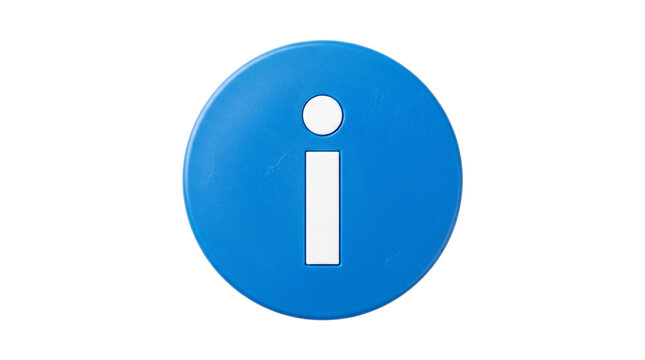 Blue information sign or icon with white letter i on circular button on transparent background.
