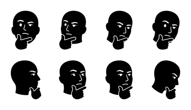 Thinking Face Icons Set, Pensive Human Heads Collection, Contemplative Expressions, Silhouette Brainstorming Symbols, Vector Graphic Elements