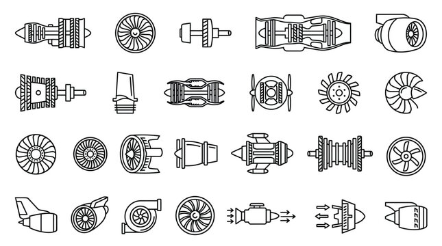 Jet engine icons set, outline vector collection of aircraft turbines, propulsion systems, and aviation parts