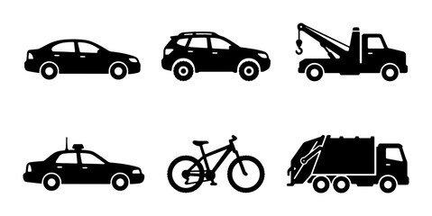 Naklejka premium Diverse Vehicle Icons Set: Sedan, SUV, Tow Truck, Autonomous Car, Bicycle, Garbage Truck, Transportation Symbols