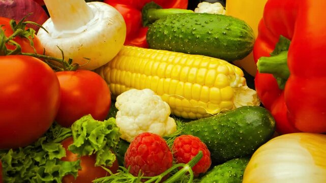 4K Fresh assorted vegetables including corn, cucumber, cauliflower, tomatoes and bell peppers arranged in a colorful composition for healthy food and nutrition concepts.