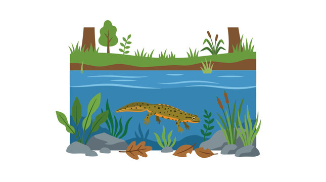 Flat vector illustration of a newt swimming in pond water
