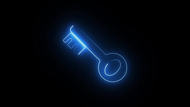 Glowing blue neon key icon animation isolated on black background for digital security