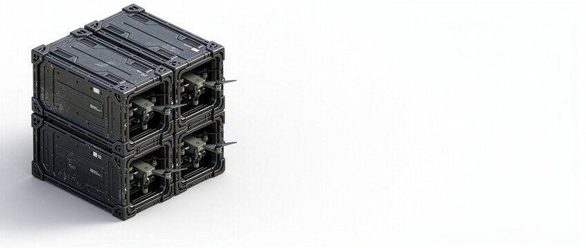 スウォーム群制御ドローン自動展開コンテナハブユニットの3Dレンダリング 背景白 コピースペース（21:9 Webヘッダー用）