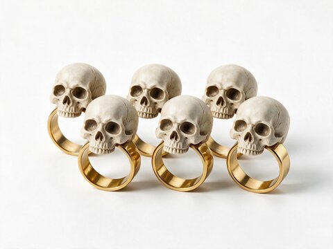 Set of six skull napkin rings, isolated on a pure white background.