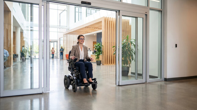 Professional Woman Using Motorized Wheelchair Entering Modern Corporate Building Through Automatic Glass Door Accessible Workplace