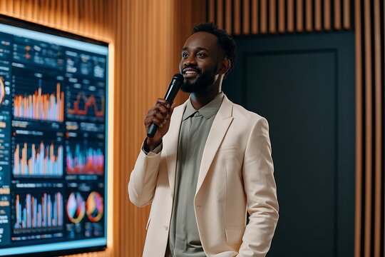 Confident black speaker presenting data on screen during business conference in office