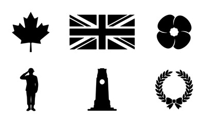 Fototapeta premium Remembrance Day Vector Icons: Canadian Maple Leaf, Union Jack Flag, Poppy, Soldier Saluting, War Memorial, Laurel Wreath