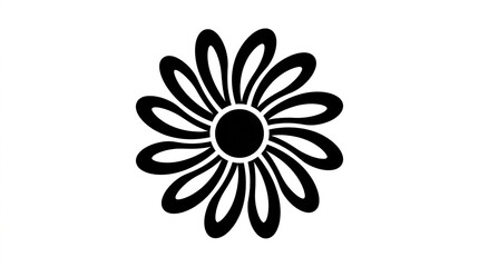 Fototapeta premium A black silhouette of a stylized daisy flower isolated against a plain white background surface with symmetrical petals surrounding surrounding solid circular