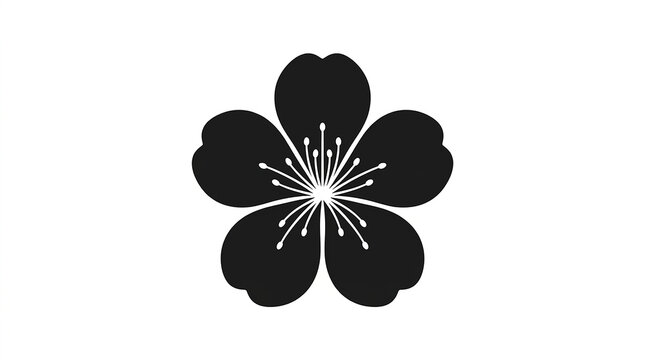 A single black silhouette of a five petaled flower icon isolated on a white background with minimalist black vector illustration simple flower five rounded petals detailed center