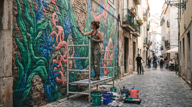 Female artist painting a large colorful mural on an old european street