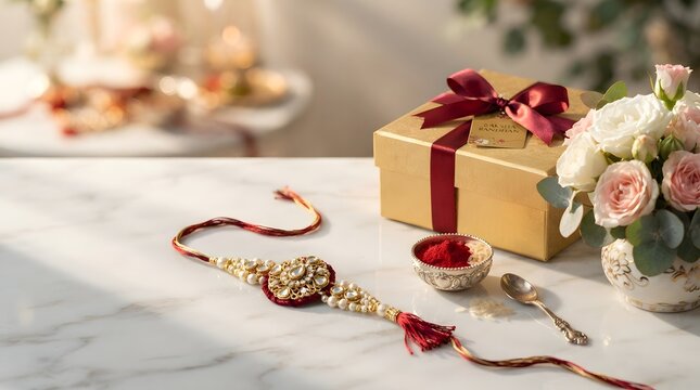 Elegant raksha bandhan gift box with a red ribbon, a traditional rakhi, and a bowl of kumkum next to a bouquet of roses