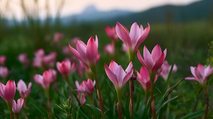 Obraz premium Pink flowers bloom in soft clusters across a green field with distant hills under a hazy sky