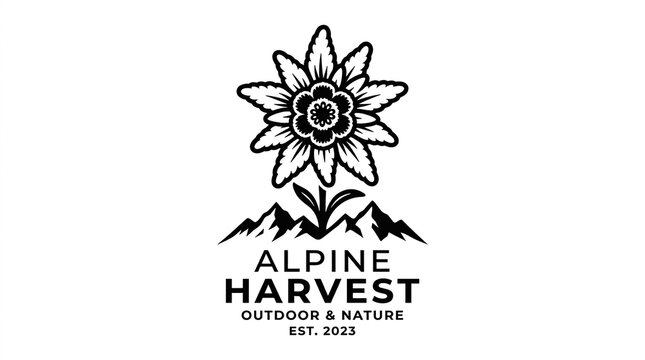 Minimalist black and white logo design featuring an edelweiss flower above mountain peaks for branding with mountain silhouettes text emblem edelweiss