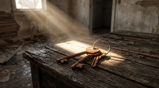 Sunlit rusty keys on a weathered wooden table in an abandoned room
