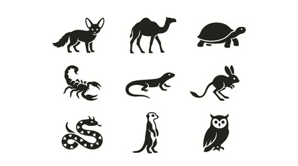 Obraz premium Black silhouettes of various desert animals including a fennec fox, camel, tortoise, scorpion, lizard, jerboa, snake, meerkat, and owl on a white background.