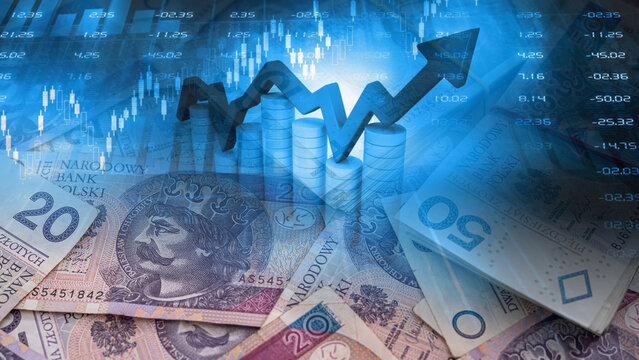 Investment and financial analysis concept with rising Polish zloty value. Upward arrow and column chart overlaying digital stock market index data on 20 and 50 Polish zloty banknotes background.
