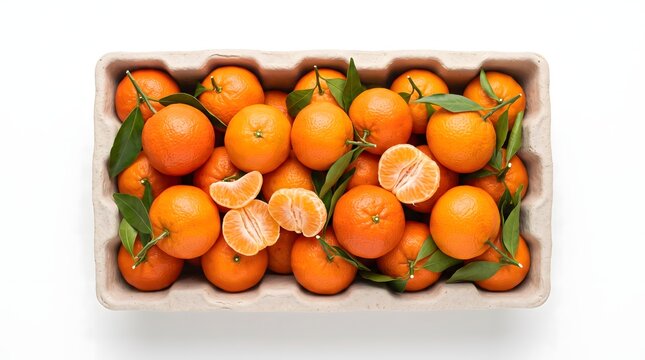 Arranged fresh citrus mandarins nested inside cardboard crate display showcasing bright orange skins green leaves top down view isolated white studio surface