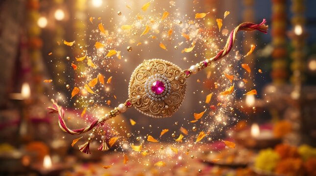 Festive rakhi bracelet with a central pink gemstone surrounded by golden filigree, floating amidst glowing sparkles and falling orange flower petals