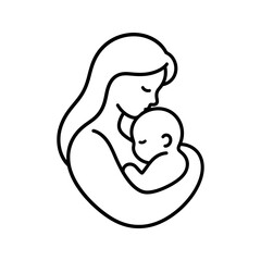 Fototapeta premium Mother holding newborn baby line art icon representing maternal love.