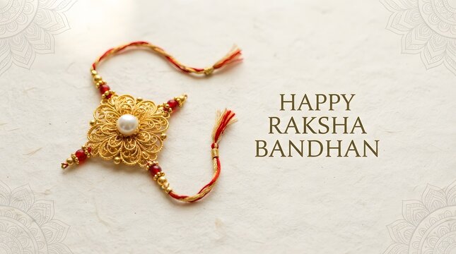 Traditional gold filigree rakhi bracelet with a central pearl and red beads, isolated on white background with decorative mandala corners