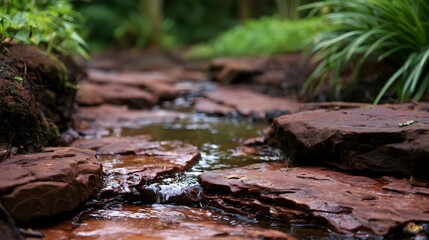 Obraz premium A serene stream flows gently over smooth red stones surrounded by lush green foliage in a tranquil forest setting