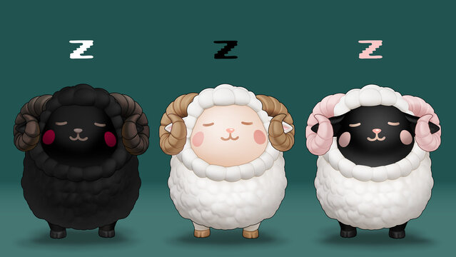 Cute sleeping sheep trio fluffy rams character illustration for insomnia and bedtime concept