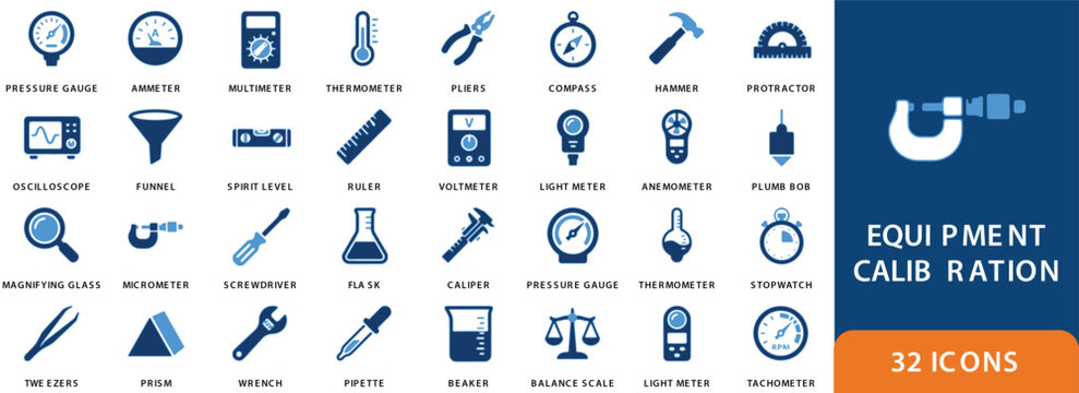 Collection of measurement tool icons in a flat two color vector style calibration measuring instruments