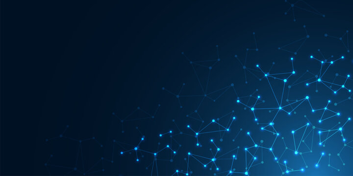 Abstract blue molecular structure with glowing connected nodes and lines on dark background. Concept of chemistry, nanotechnology, network, science, biotechnology and innovation