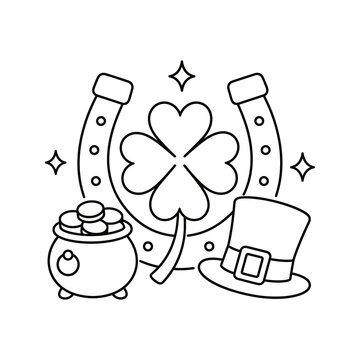 Lucky st patrick day outline graphic with shamrock clover horseshoe coins.
