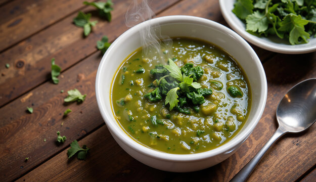 Steaming hot caldo verde soup in a white bowl. Traditional Portuguese green soup with fresh kale garnish on a rustic wooden table. Healthy homemade meal