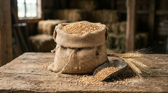 Rustic burlap sack overflowing with golden wheat grains on weathered wooden table, accompanied by wheat ears and vintage metal scoop in barn