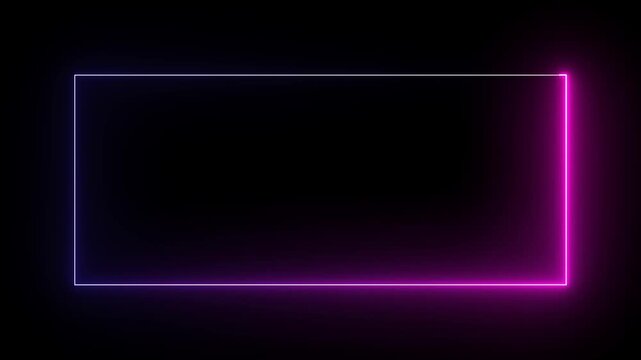 Glowing neon rectangle frame animation with purple and pink light border on black background