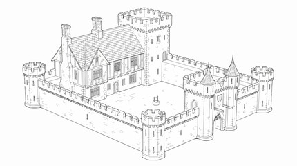 Obraz premium Isometric line art of a medieval castle fortress with manor house
