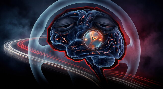 fatigued brain behind steering wheel with circadian clock, slowed synapses and fading road lights, illustrating drowsy driving and sleep deprivation risk