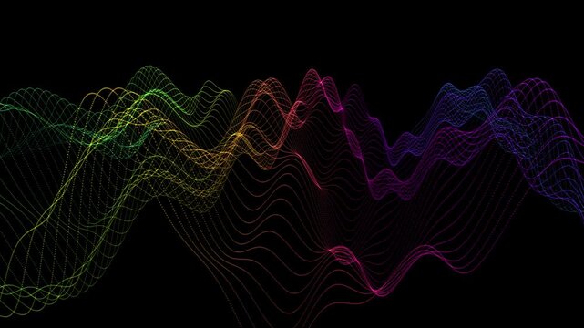 Abstract colorful sound wave pattern on a black background, visualizing audio frequencies and digital music technology
