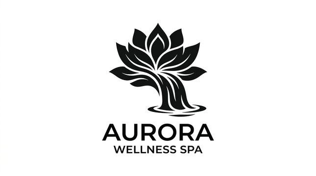 Minimalist black and white logo featuring a stylized lotus flower transforming into a flowing waterfall with flower petals transitioning transitioning water ripples