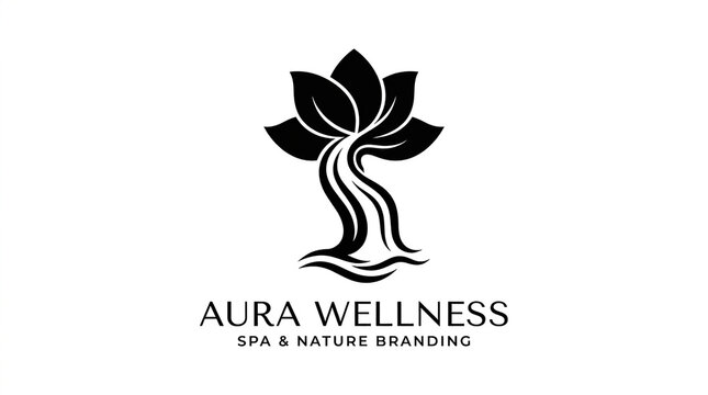 A minimalist black and white logo featuring a stylized lotus flower merging into flowing water with flower petals transitioning vector graphic logo