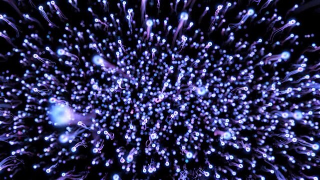 Dynamic abstract animation of glowing blue and purple particles, resembling microscopic life, flowing and swirling in a dark void.