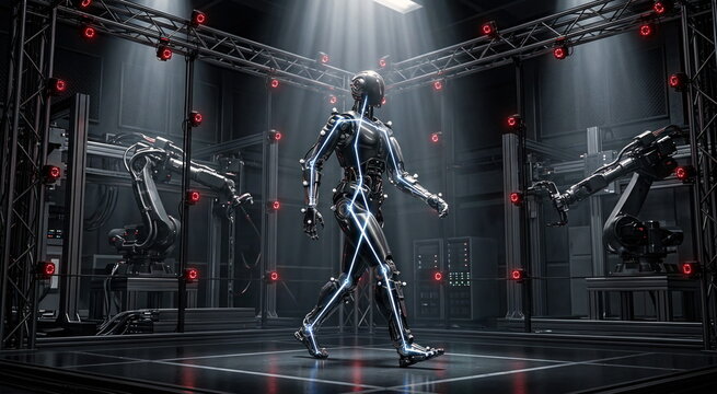 Humanoid robot mid stride in infrared motion capture lab with sensor nodes, kinematic overlays, robotic arms, and carbon fiber surfaces for physical ai research.