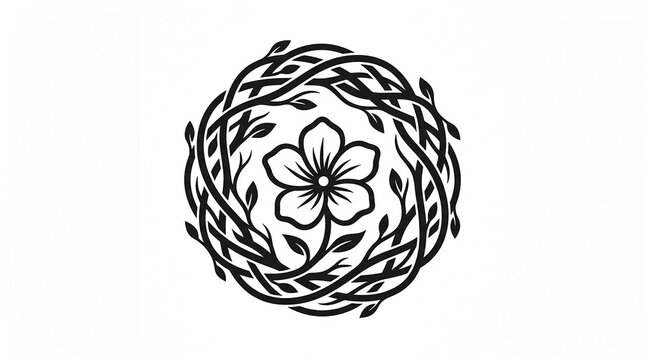 Minimalist black and white floral logo featuring a central flower surrounded by curved organic branches with encircled intricate pattern circular logo design