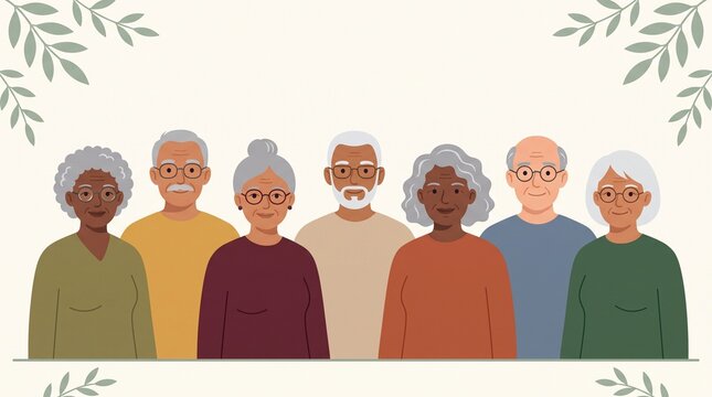 Diverse elderly people standing together smiling