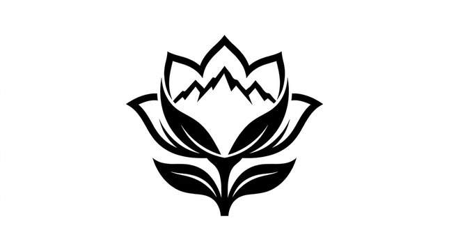 A minimalist black and white graphic logo featuring a stylized flower integrated with mountain peaks with nestled within petals illustration mountain