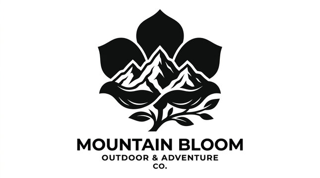 A minimalist black and white logo design featuring mountain peaks emerging from a blooming flower with integrated petals flower flower leaves base