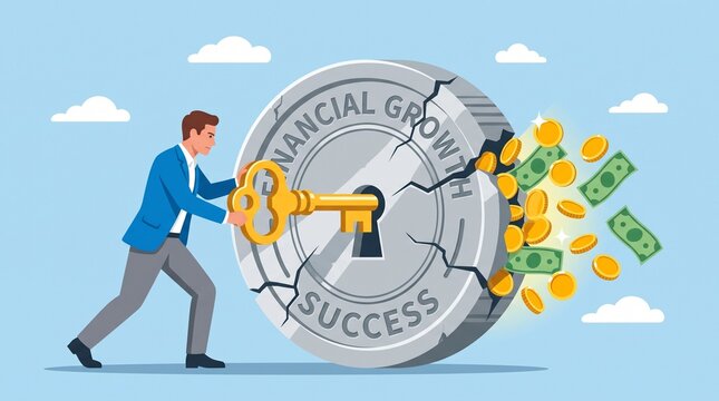 Man pushing key to unlock financial success