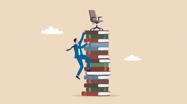 Man climbing tall stack of books with chair on top