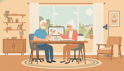 Fototapeta premium Elderly couple working on a budget at a home office desk with a computer and papers while enjoying a bright and comfortable living space.