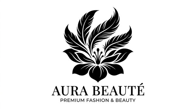 A black and white floral logo design featuring stylized leaves and petals on white background with blossom stylized feathers leaves extending upwards
