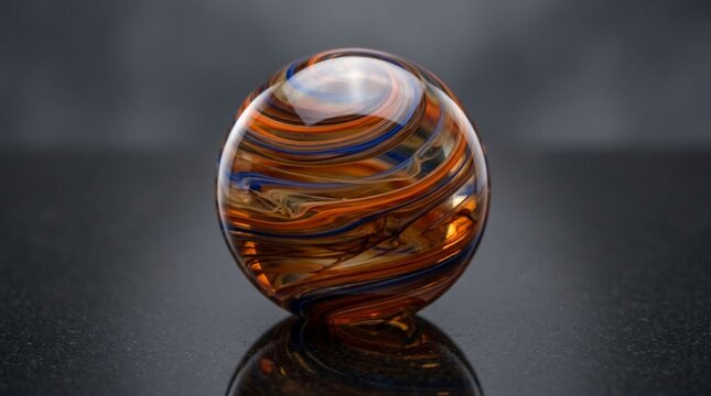 Close-up photograph of a glass sphere with swirling layers of orange, brown, and blue, resting on a smooth reflective black surface against a dark background, macro shot