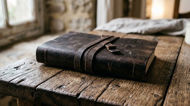 Dark weathered leather journal with wrap-around buckle strap resting on rustic textured wooden table, soft natural light, vintage notebook still life photography